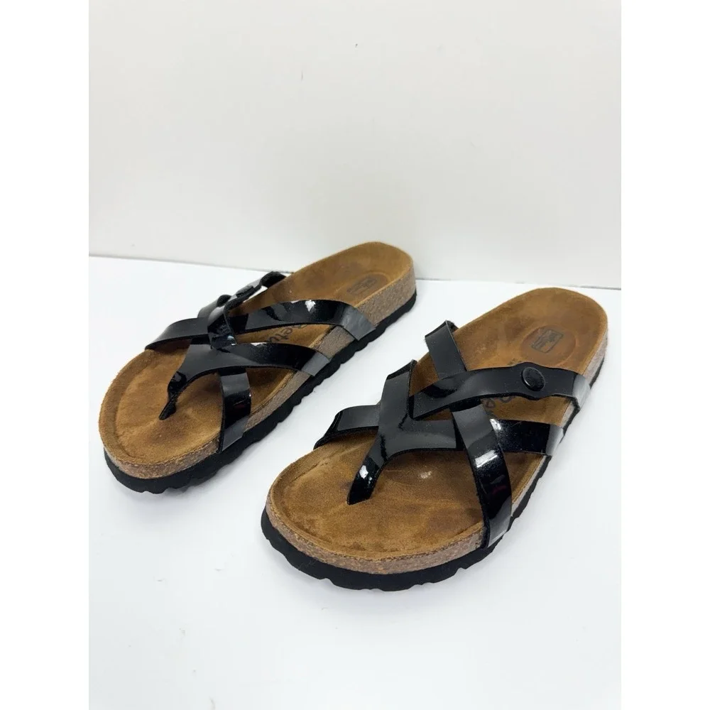Betula by Birkenstock Vinja Black Patent Strappy Sandals Soft Footbed 37